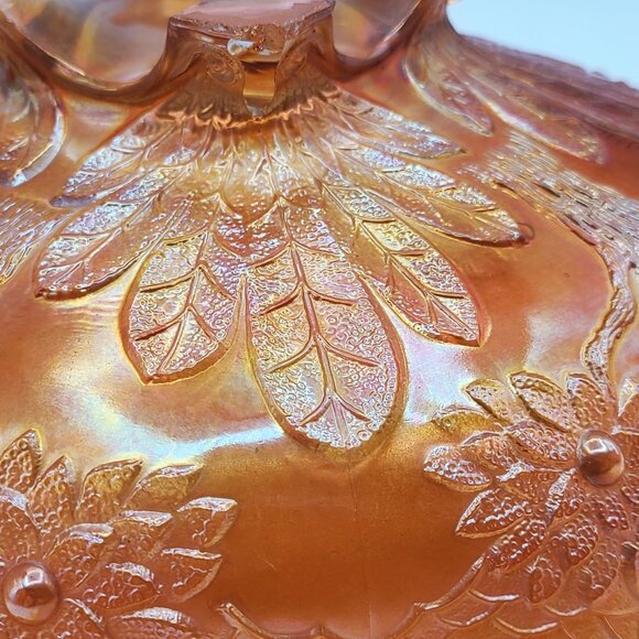 Fenton Orange Tree 4 Foot Marigold Iridescent Carnival Glass Ruffled Bowl 10" - Picture 12 of 15